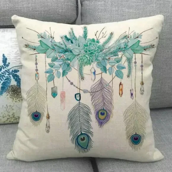 Peacock Feathers Pillow Case. Crystals Succulent Boho Chic Beautiful - Picture 1 of 11